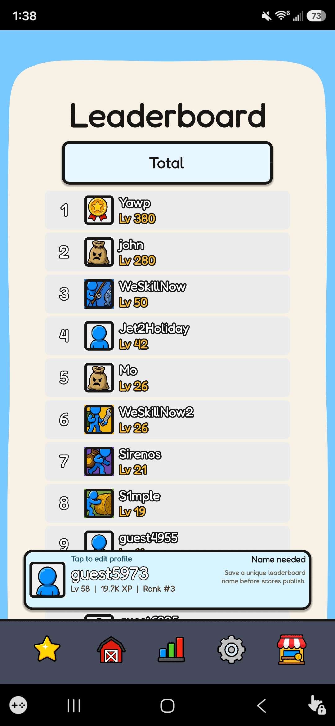 Idle Elite leaderboard screen